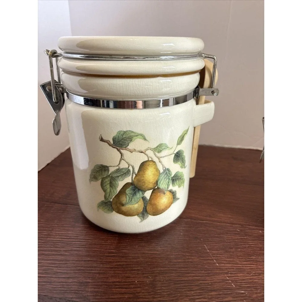 Vintage Ceramic Food Canister Set Pears Apples Grapes‎ With Wooden Spoons